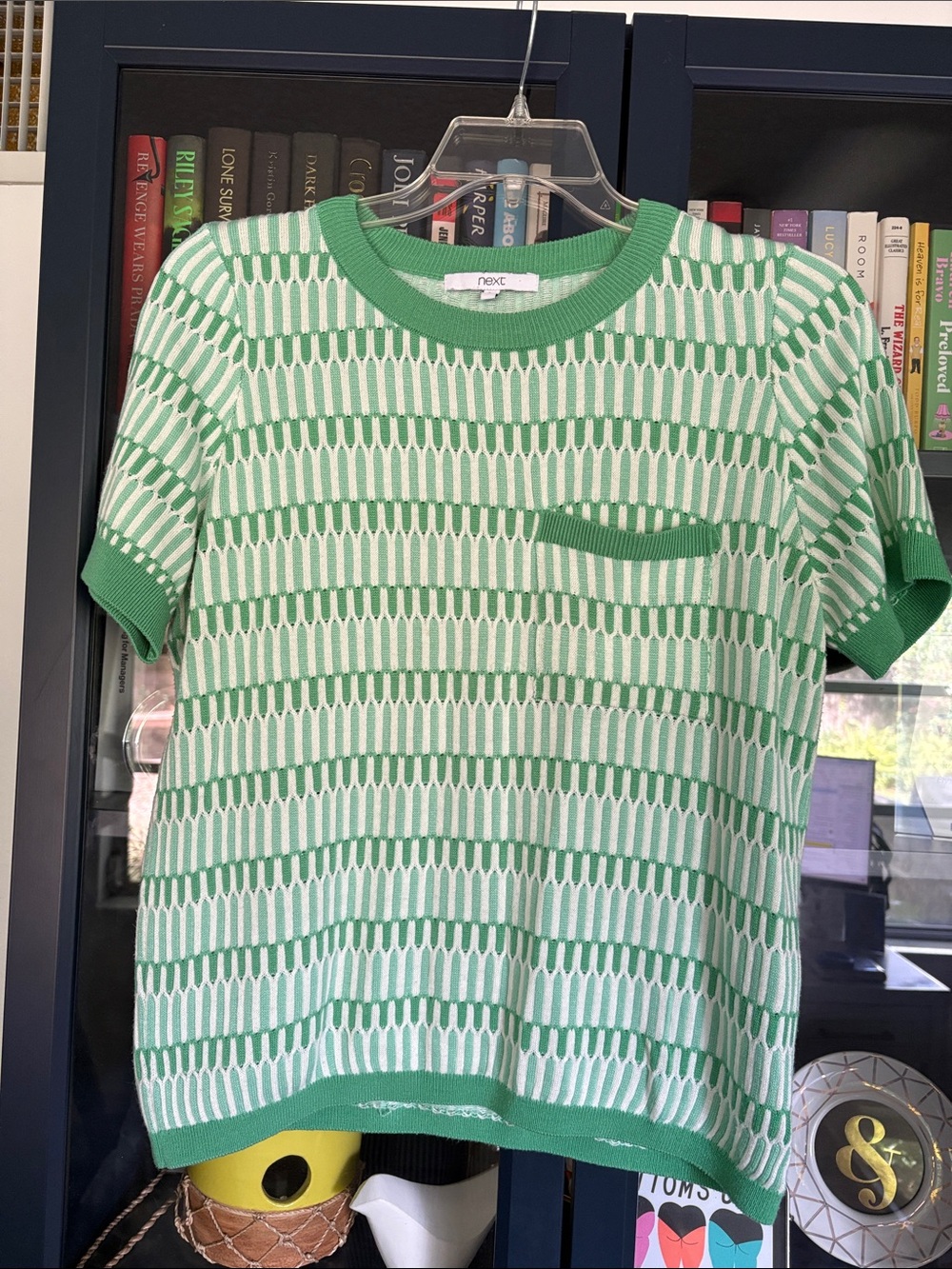 next Green & White Short-Sleeve Knit Tee with Chest Pocket